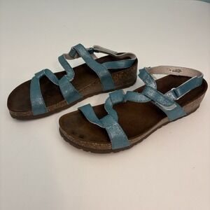 Sundance Women's 9-10 Faux Leather Blue Ice Strappy Sandals Cork Wedge